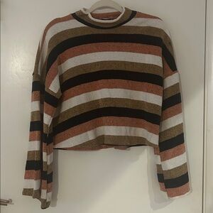Striped cropped mock neck sweater - navy, white, pink and tan
